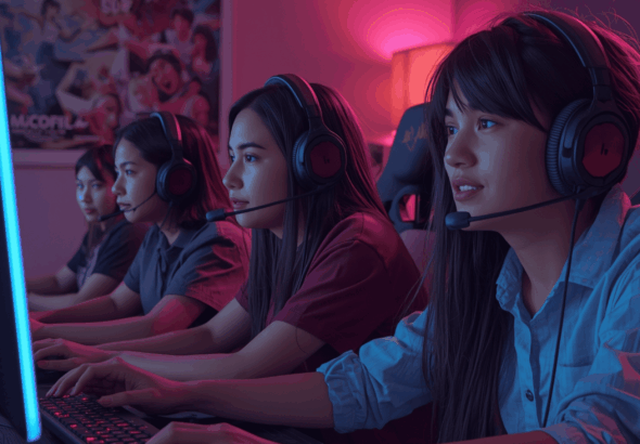 Empat gamer muda Indonesia bermain game online multiplayer bersama di ruangan gaming dengan lampu neon biru dan merah.