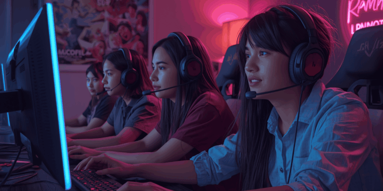 Empat gamer muda Indonesia bermain game online multiplayer bersama di ruangan gaming dengan lampu neon biru dan merah.