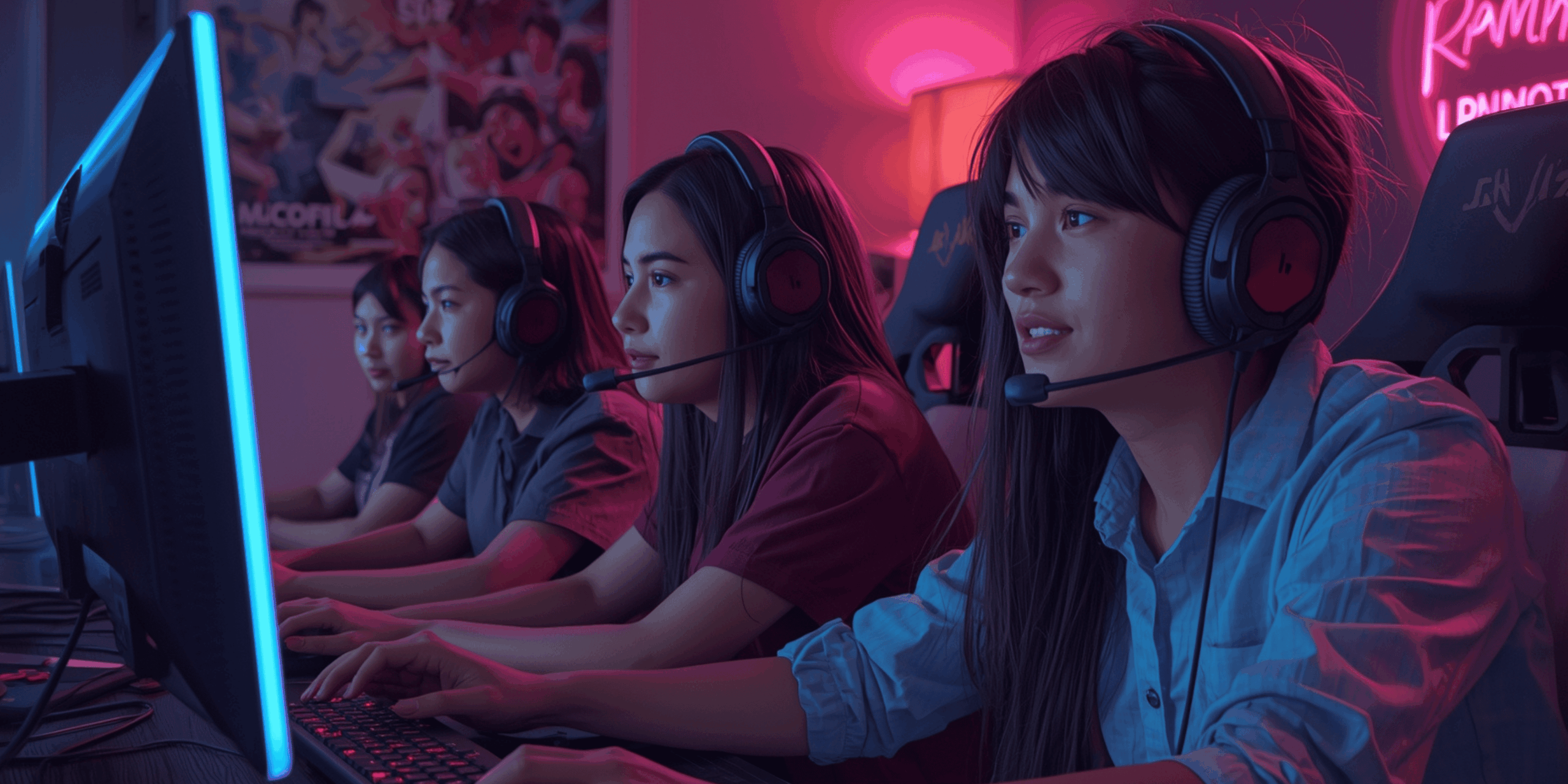 Empat gamer muda Indonesia bermain game online multiplayer bersama di ruangan gaming dengan lampu neon biru dan merah.