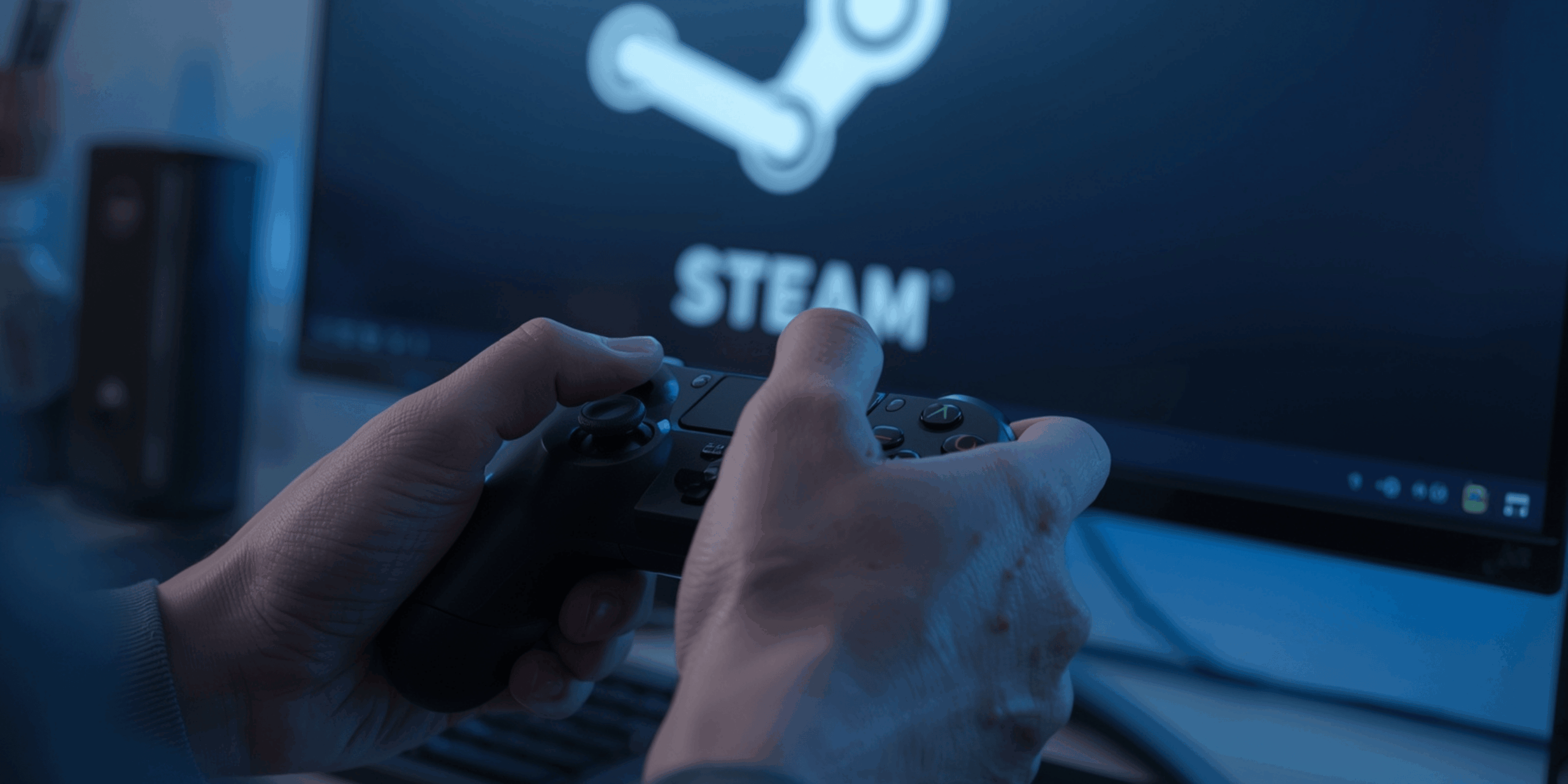 tangan gamer memegang controller di depan layar Steam