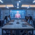 Mahasiswa belajar anatomi menggunakan simulasi VR di laboratorium virtual.