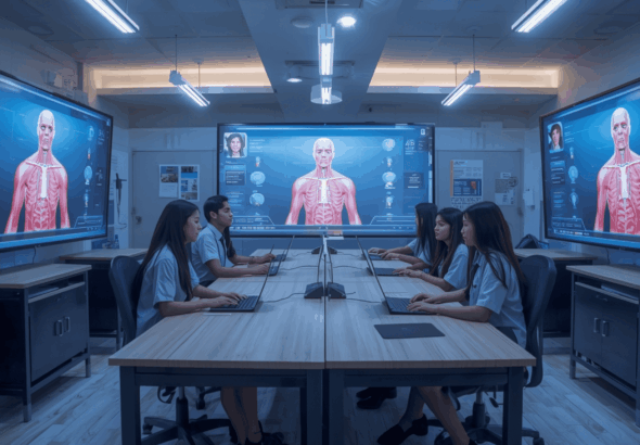 Mahasiswa belajar anatomi menggunakan simulasi VR di laboratorium virtual.