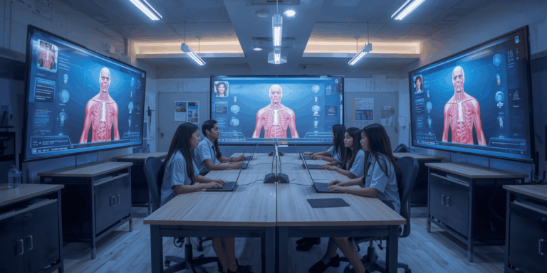 Mahasiswa belajar anatomi menggunakan simulasi VR di laboratorium virtual.