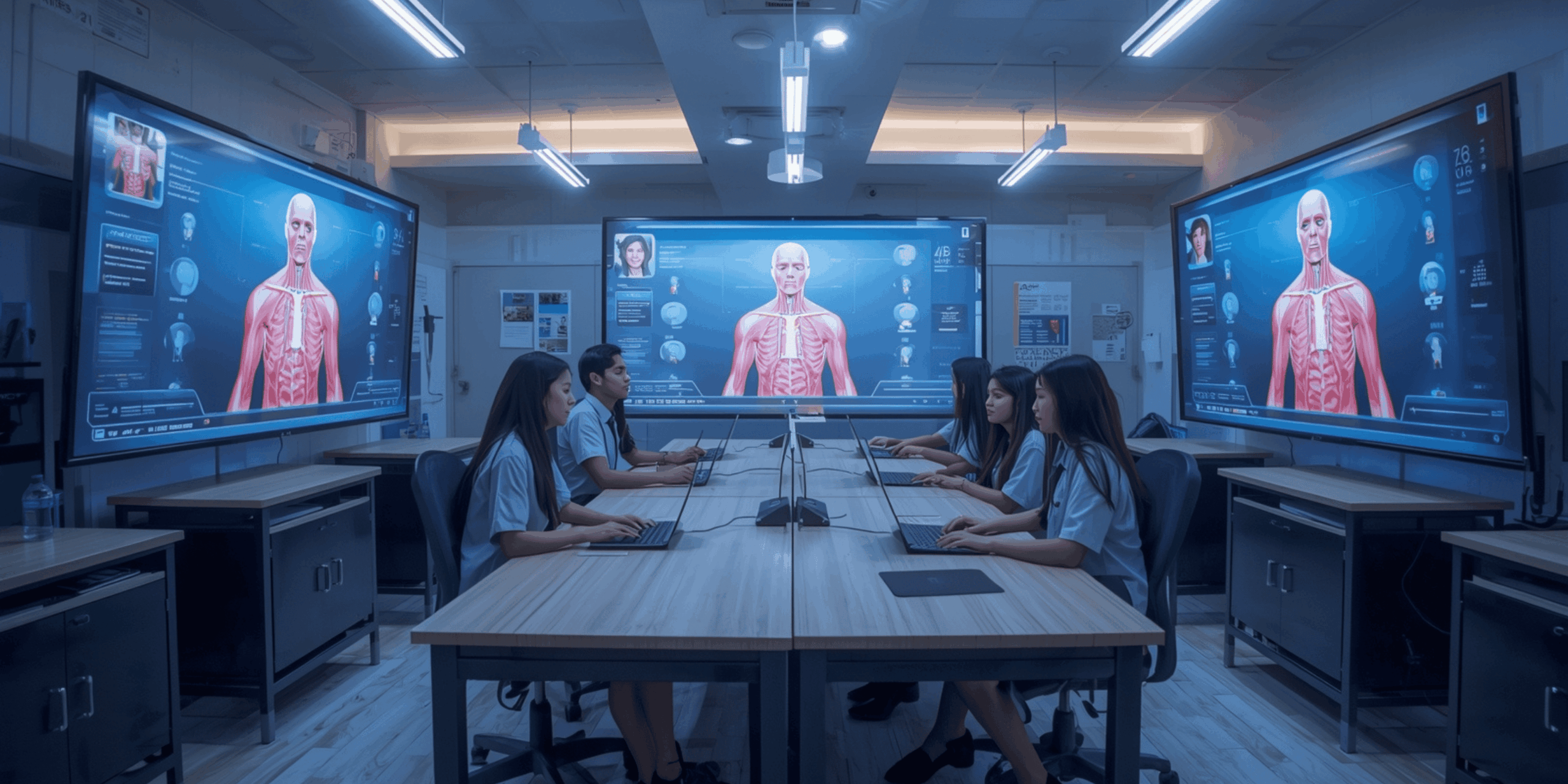 Mahasiswa belajar anatomi menggunakan simulasi VR di laboratorium virtual.