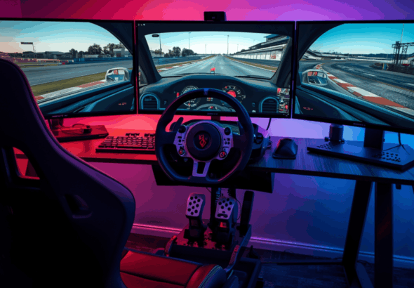 Sim racing setup realistis dengan triple monitor dan steering wheel.