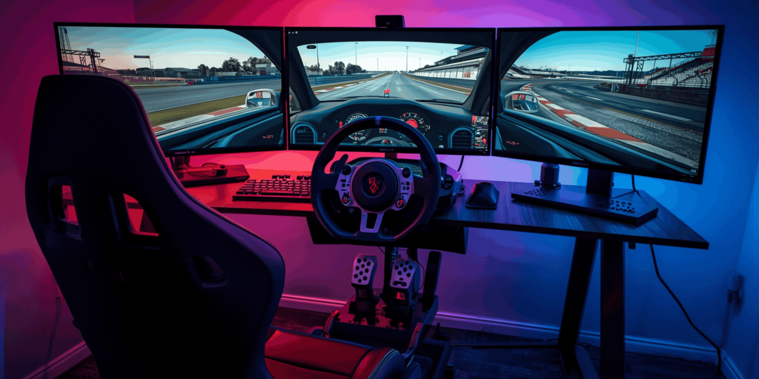 Sim racing setup realistis dengan triple monitor dan steering wheel.