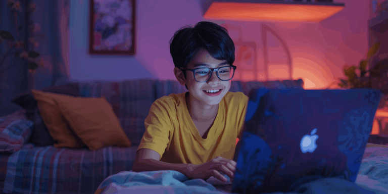 Remaja bermain mini crazy games online di laptop dengan ekspresi ceria.