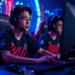 Pemain eSports Indonesia sedang bertanding di turnamen nasional dengan lampu sorot dan penonton.