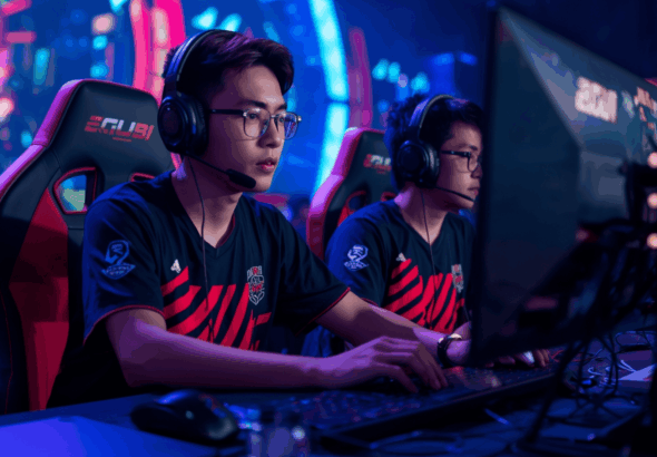 Pemain eSports Indonesia sedang bertanding di turnamen nasional dengan lampu sorot dan penonton.