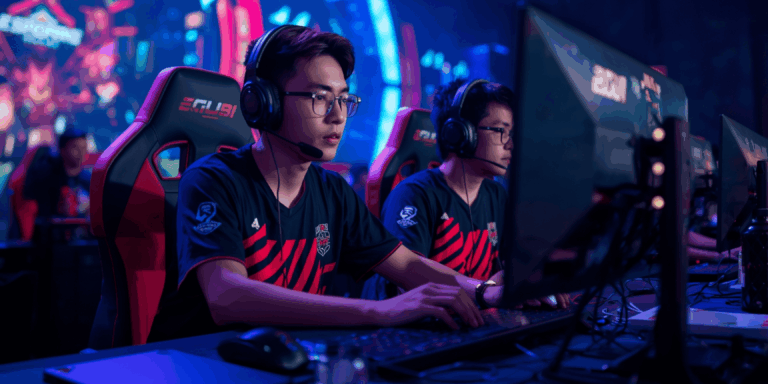 Pemain eSports Indonesia sedang bertanding di turnamen nasional dengan lampu sorot dan penonton.